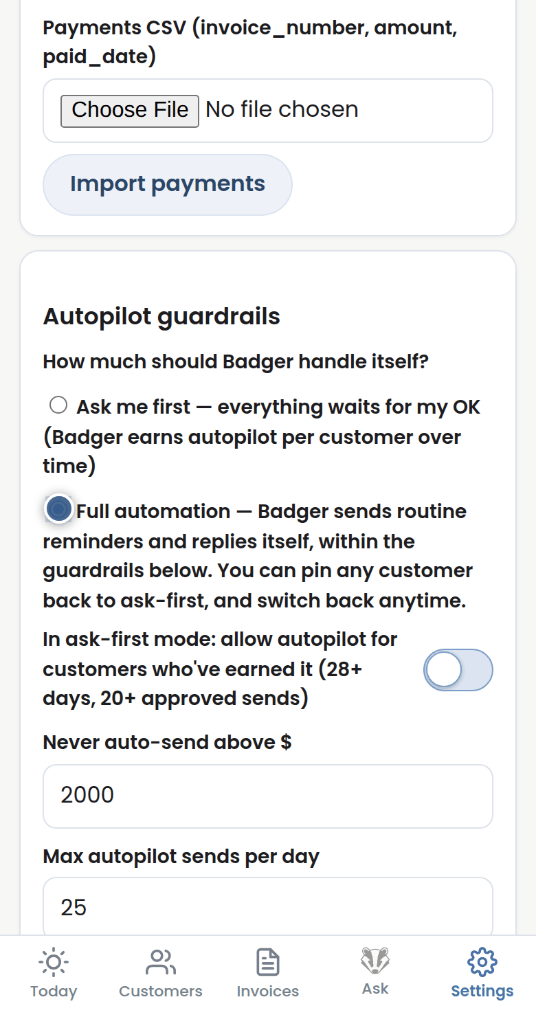 Badger's screen for this step