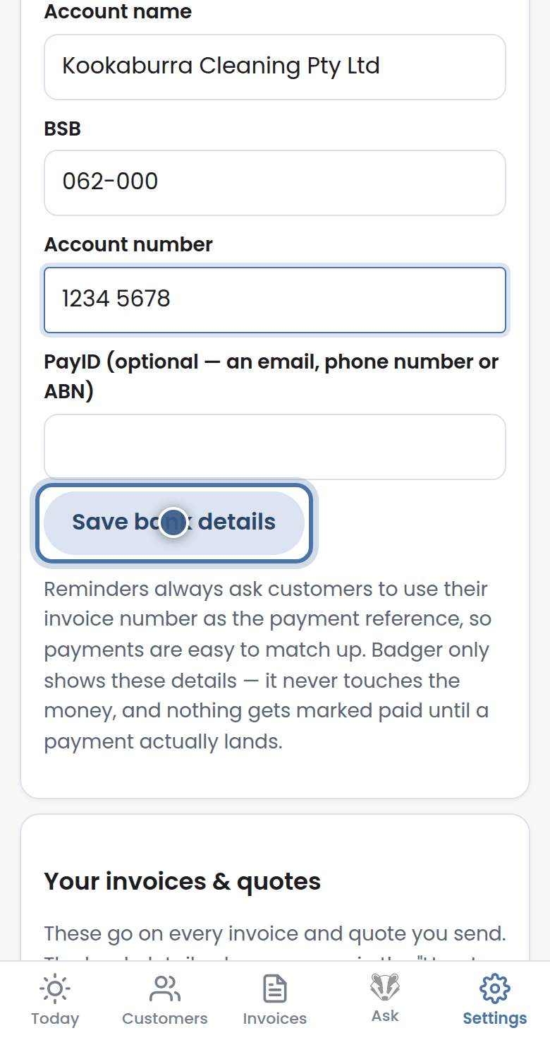 Badger's screen for this step