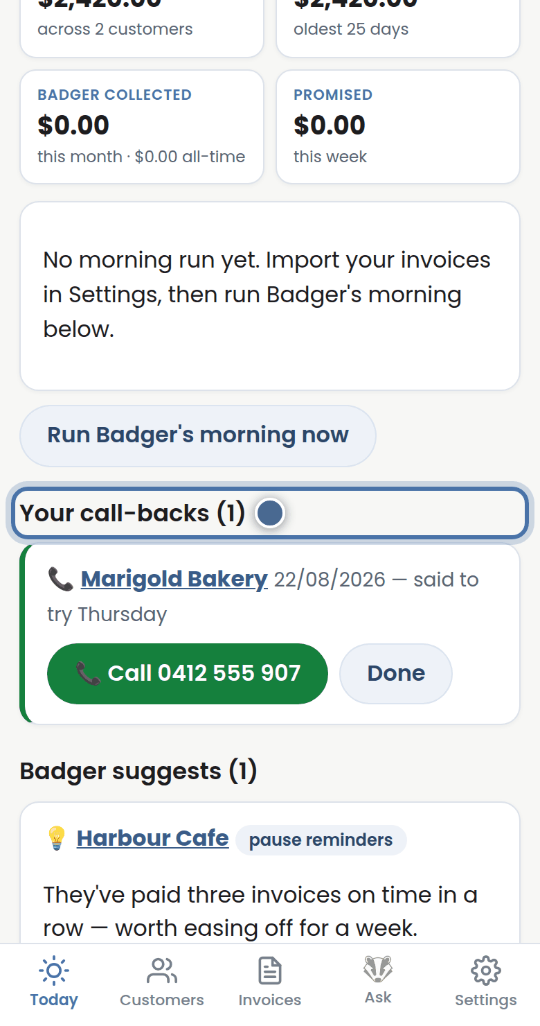 Badger's screen for this step