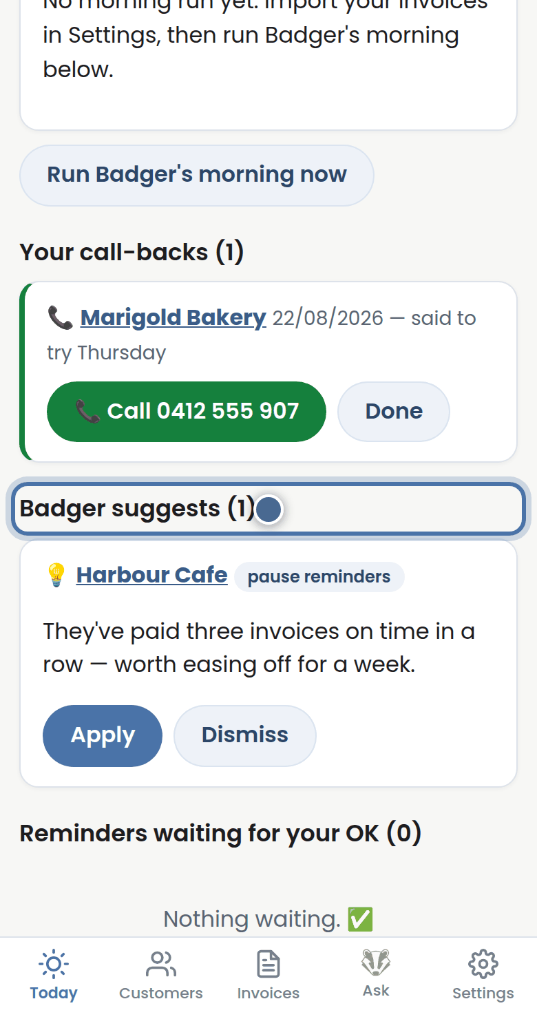 Badger's screen for this step