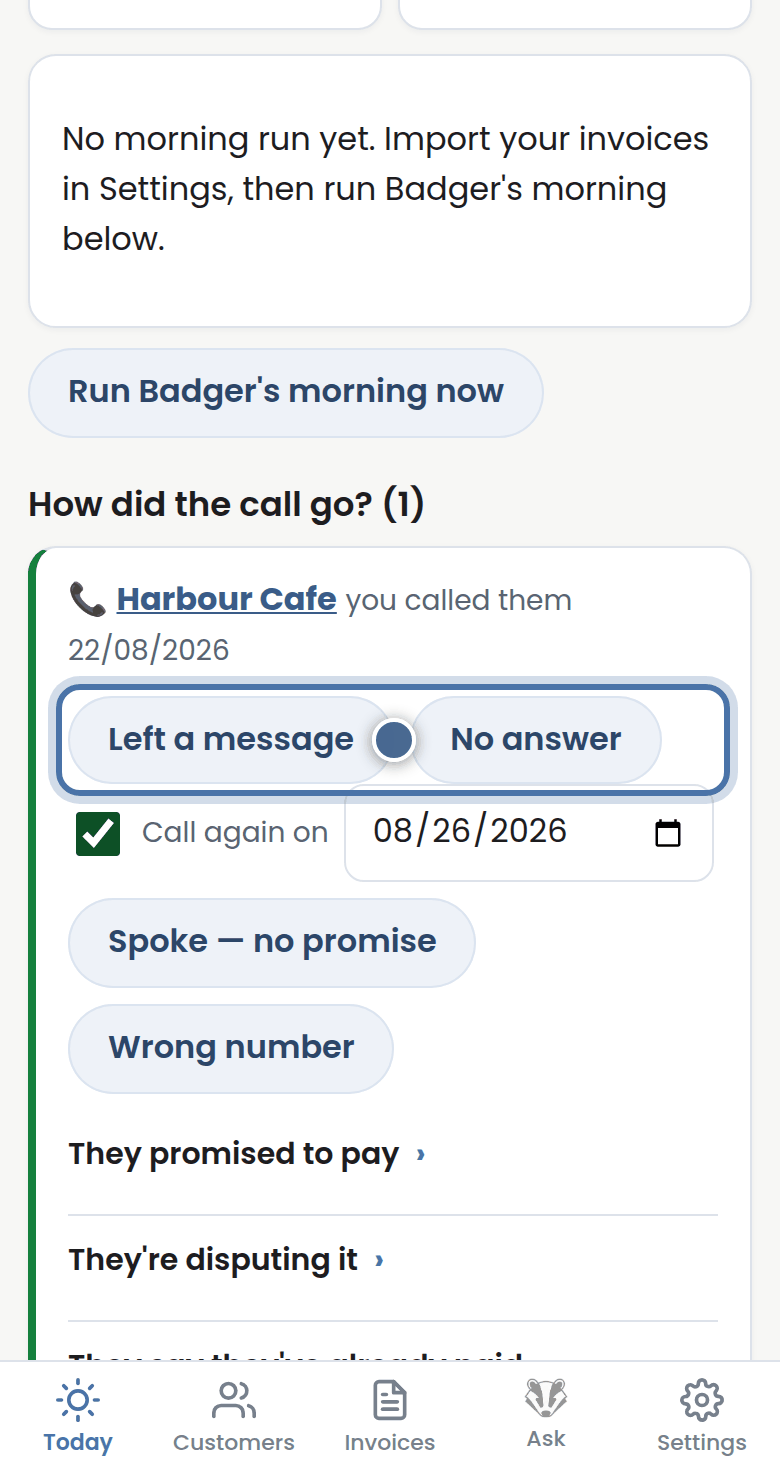 Badger's screen for this step