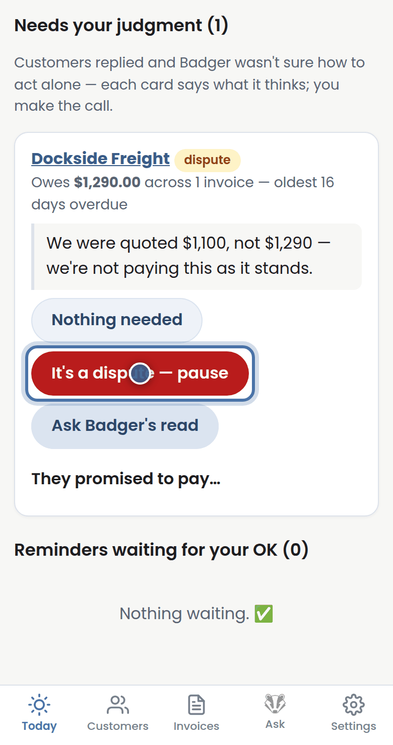 Badger's screen for this step