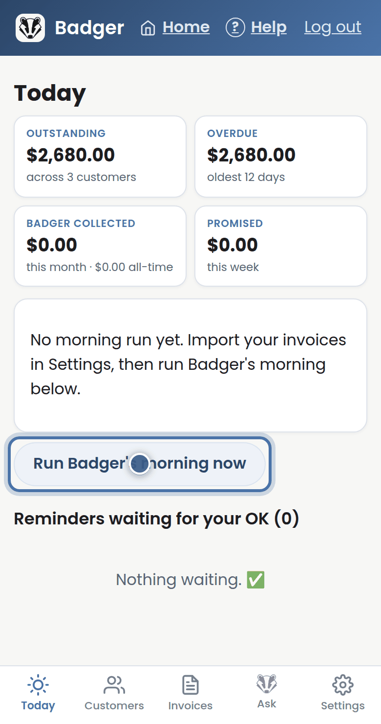 Badger's screen for this step
