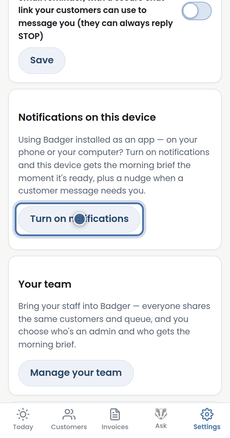 Badger's screen for this step