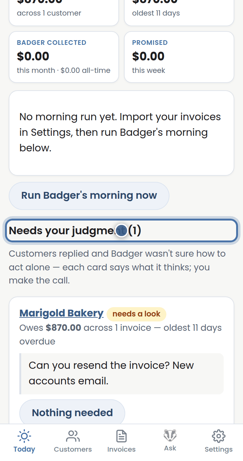 Badger's screen for this step
