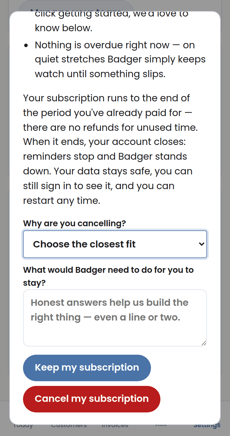 Badger's screen for this step