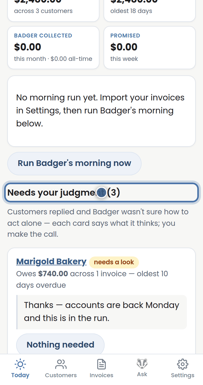 Badger's screen for this step