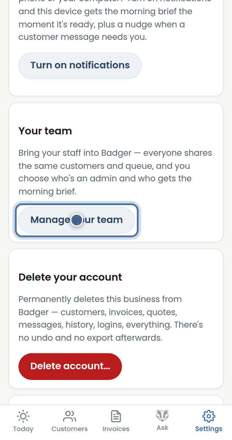 Badger's screen for this step